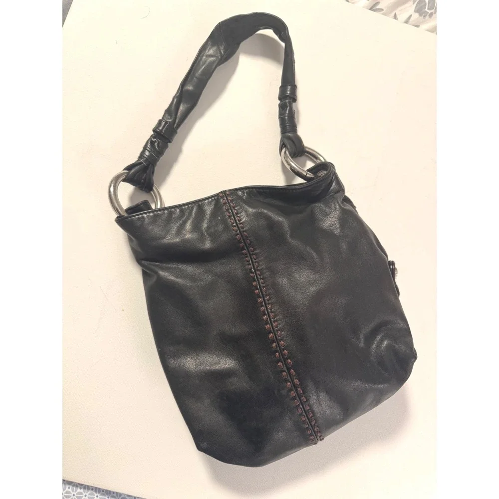 B. Makowsky Y2K Black Leather‎ Hobo Bag Brown Whipstitch Silver Ring Hardware